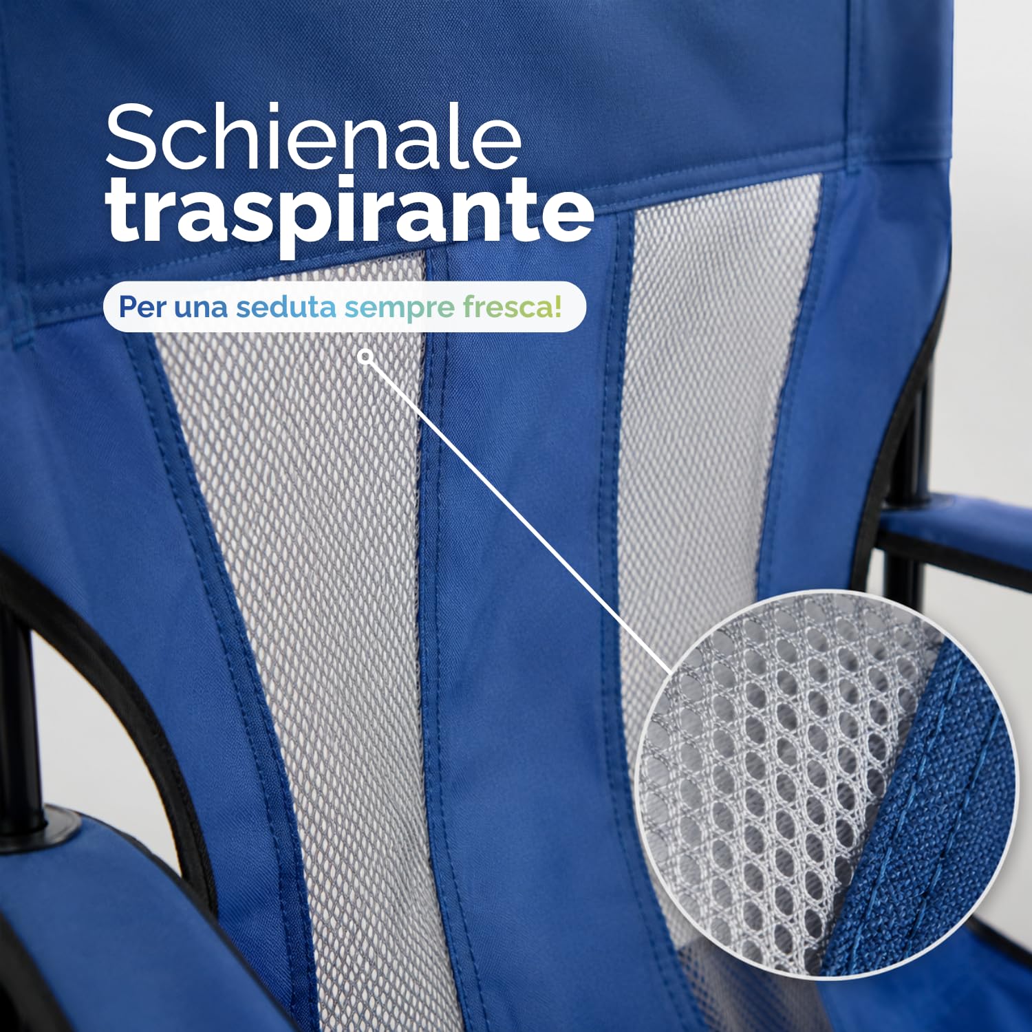 Sedia campeggio con schienale traspirante Dettaglio dello schienale traspirante in rete della sedia pieghevole da campeggio blu