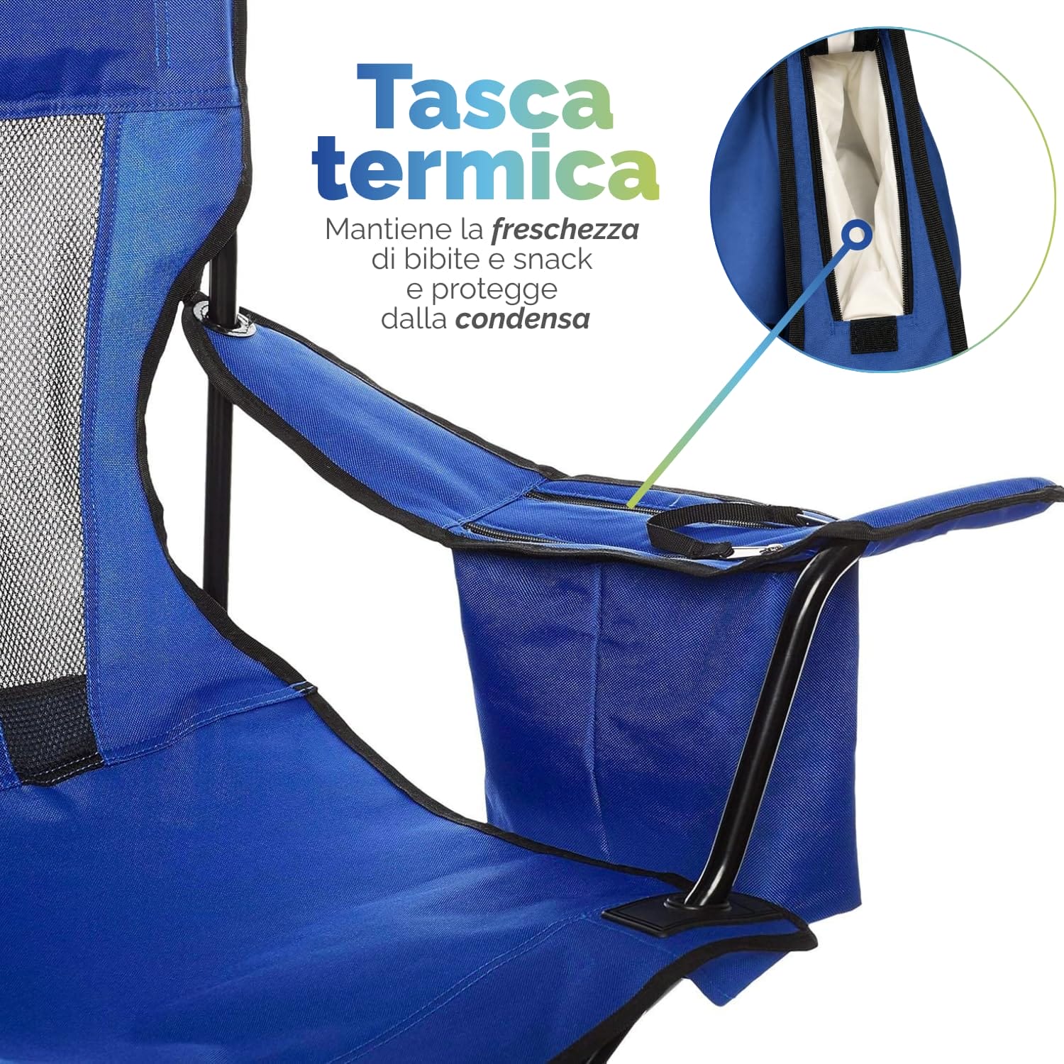 Sedia da campeggio con tasca termica laterale Dettaglio della tasca termica integrata nel bracciolo della sedia pieghevole da campeggio