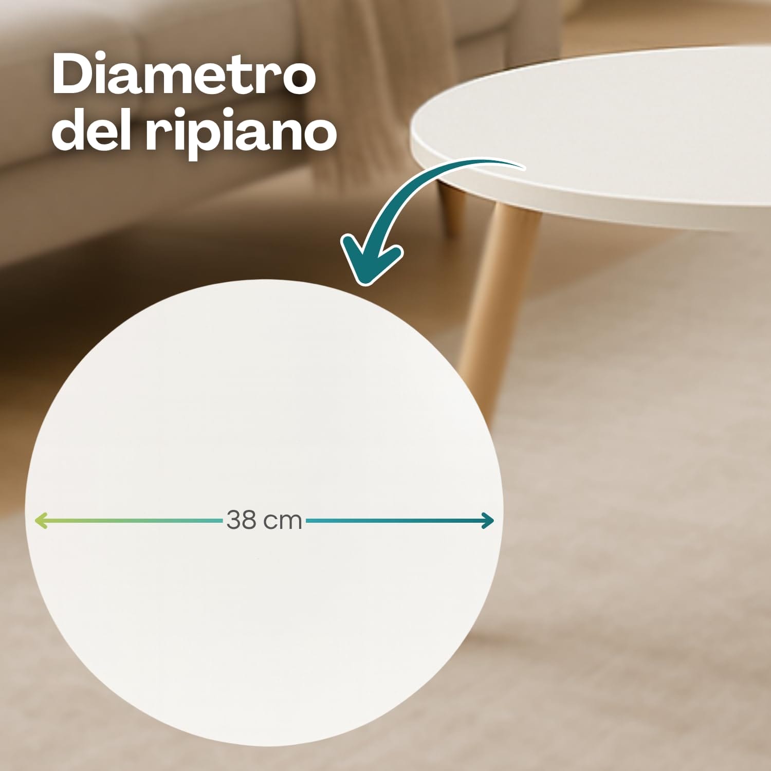 Tavolino rotondo in legno chiaro con piano bianco da 38 cm di diametro