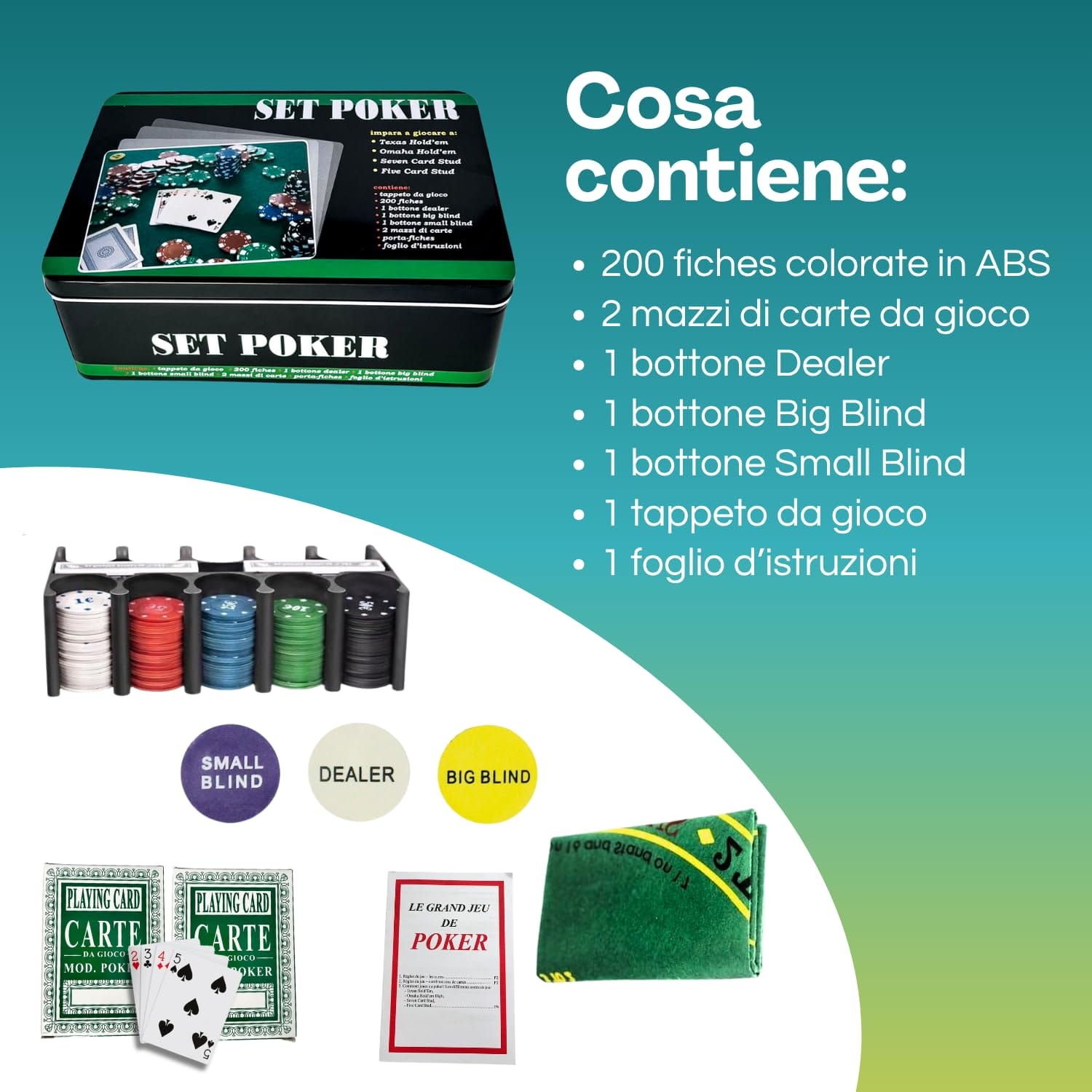 set poker 200 fiches con carte, tappeto 90x57 cm e bottoni Dealer, Big e Small Blind