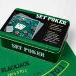 Scatola metallica Set Poker con fiches, carte e accessori per giochi da tavolo