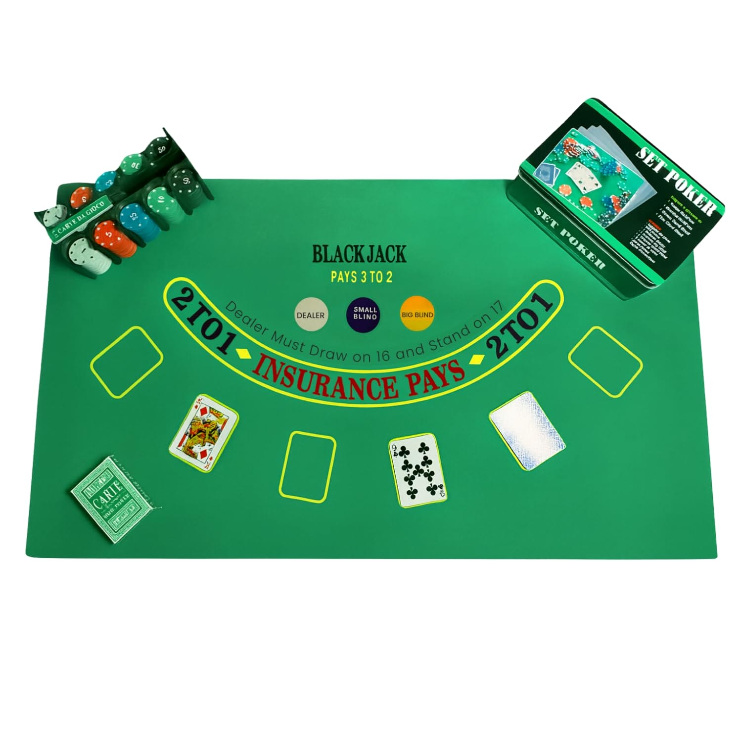tappeto da gioco verde con carte e fiches, set poker completo in scatola metallica