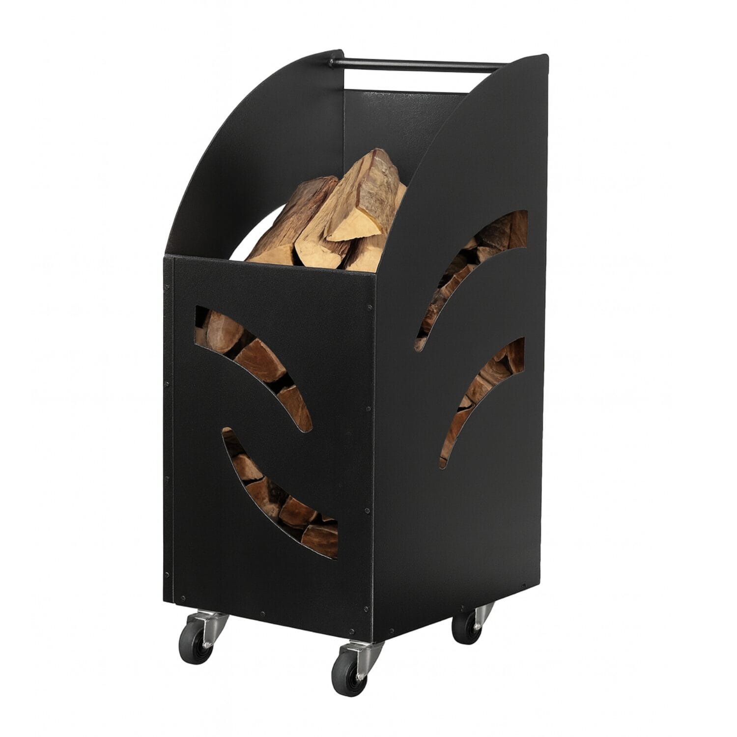 Portalegna in acciaio verniciato nero con ruote e maniglia per camino