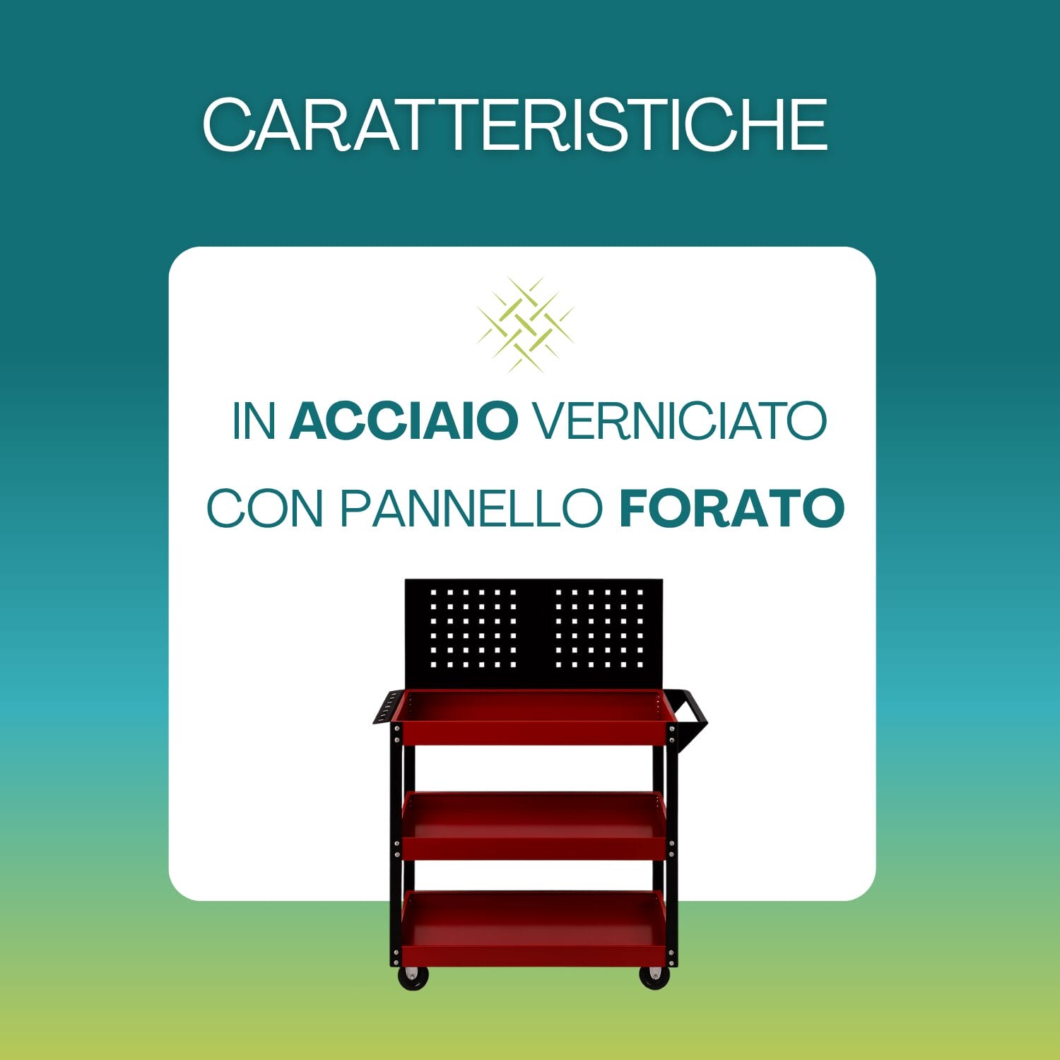 Carrello portautensili in acciaio verniciato rosso e nero con pannello forato