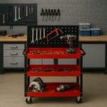 Carrello portautensili rosso e nero in officina con attrezzi e trapano