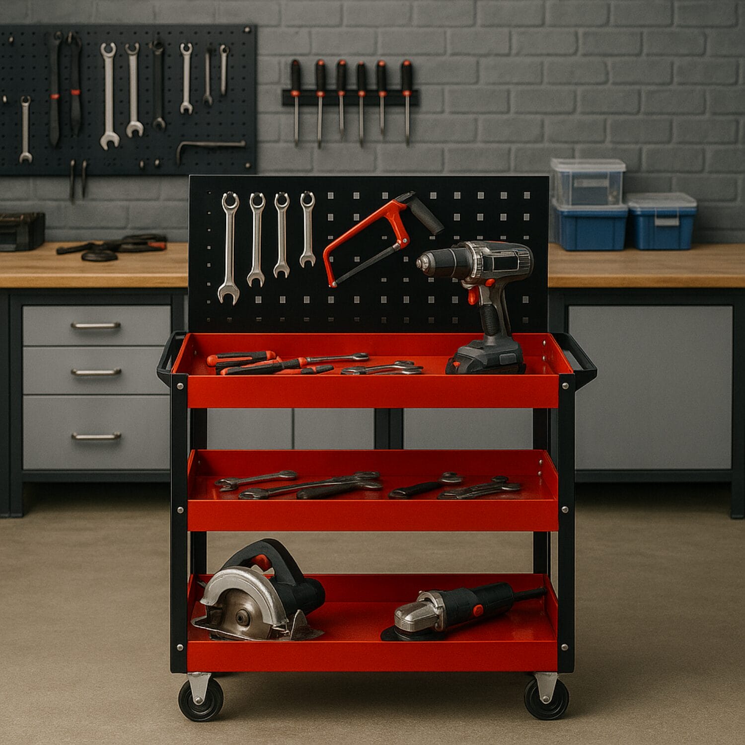 Carrello portautensili rosso e nero in officina con attrezzi e trapano