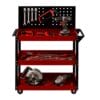 Carrello portautensili in acciaio verniciato rosso e nero con pannello forato