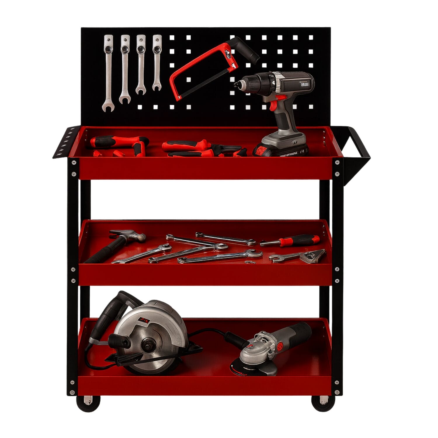 Carrello portautensili in acciaio verniciato rosso e nero con pannello forato