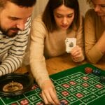 set-casinò-coreografica (2) Persone che giocano alla roulette su tavolo verde con carte e fiches – set da casinò Paluplus