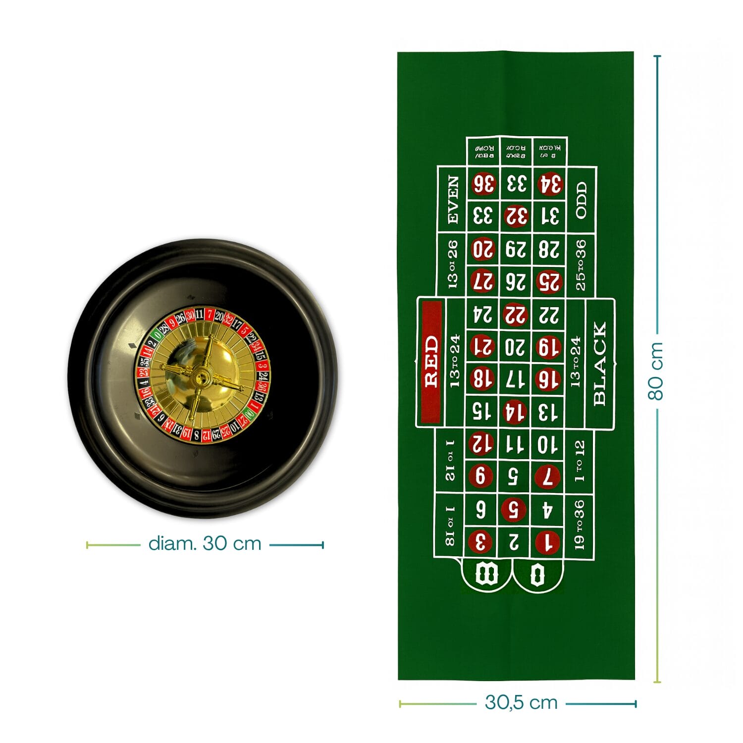 Set-roulette-misure tavolo da roulette da 30,5x80 cm con roulette con diametro da 30 cm