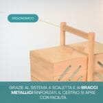 4-Portacucito-caratteristiche Dettaglio maniglia ergonomica e bracci metallici del portacucito in legno