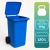 Bidone 120 litri con ruote capacità e peso indicati in grafica