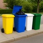 Set pattumiere differenziata 120L su marciapiede con ruote e coperchi colorati