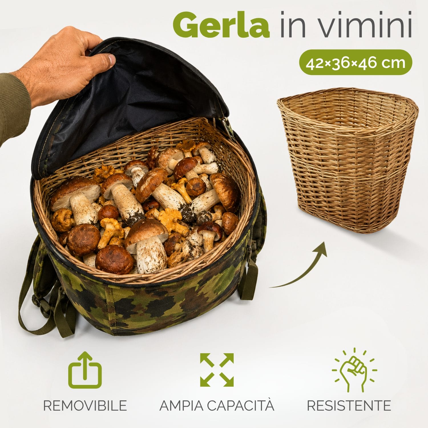 cesta vimini misure Gerla professionale per funghi con spallacci regolabili e cesto in vimini removibile 42x36x46 cm
