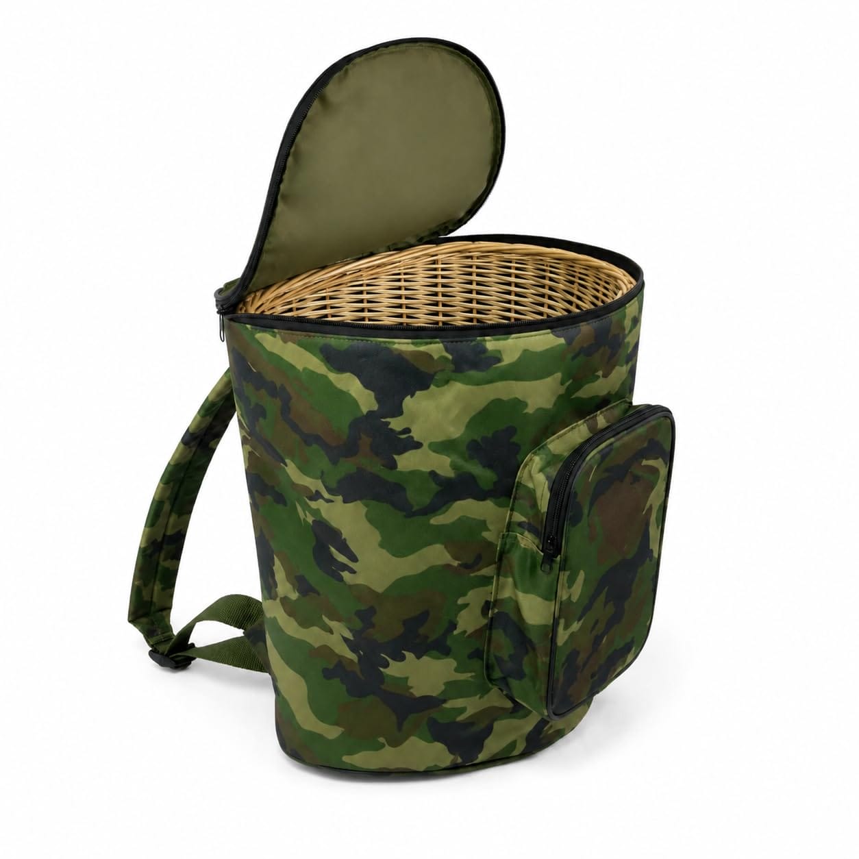 Zaino porta funghi camouflage con cesto in vimini Zaino per funghi mimetico con cesto in vimini integrato, tasca frontale e apertura superiore con zip