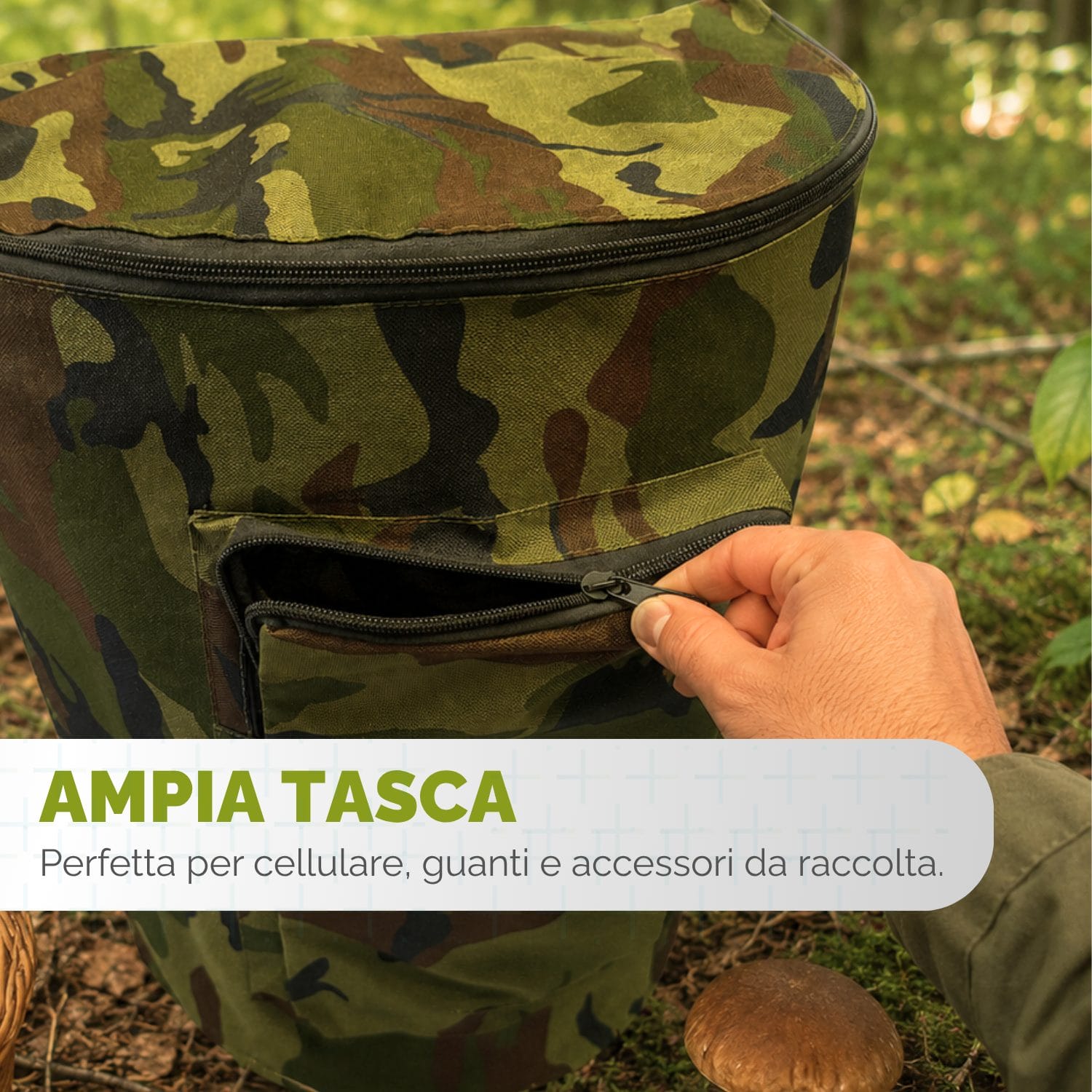 tasca frontale gerla impermeabile per funghi con tasca multiuso e supporto lombare in velcro removibile