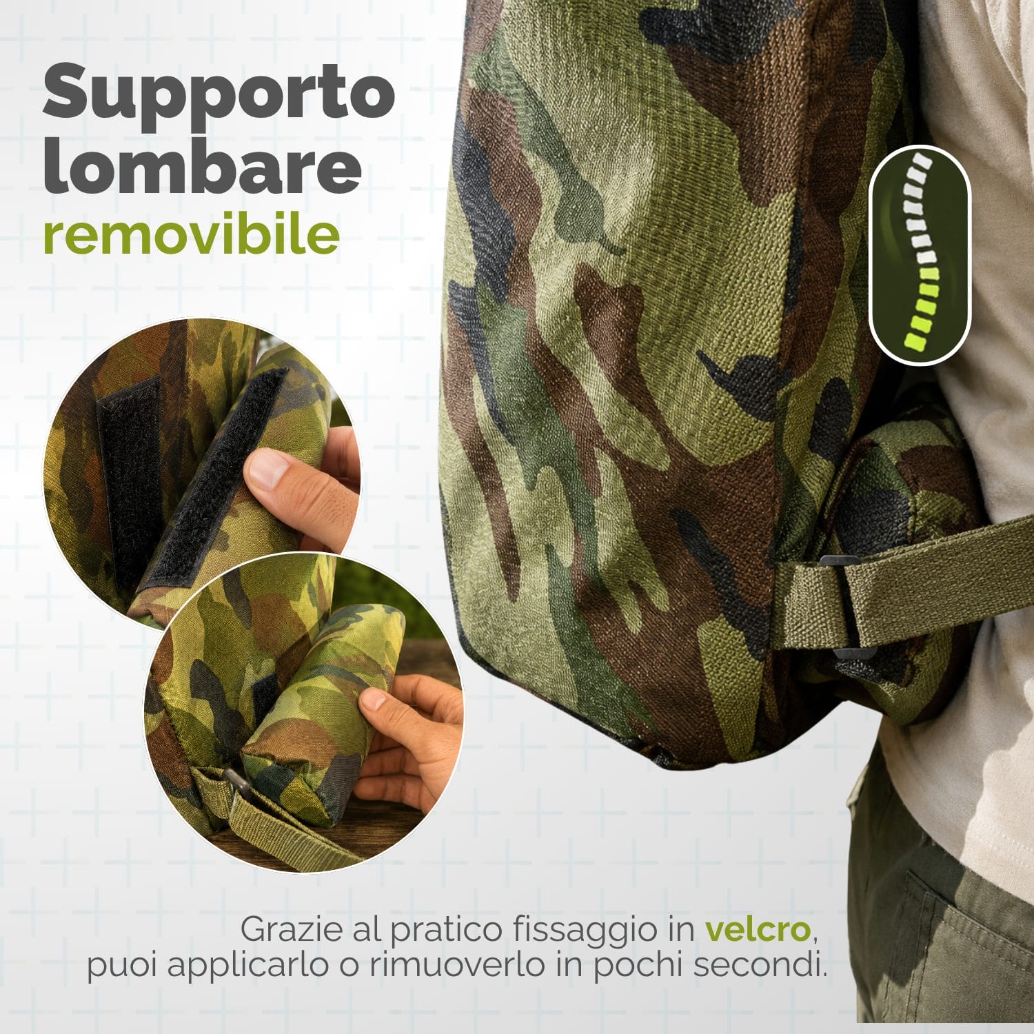 zaino per funghi dettagli Gerla per funghi con cesta in vimini naturale e supporto lombare removibile per massimo comfort