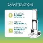 portapacchi a 2 ruote caratteristiche Carrello portapacchi con 2 ruote, pedana pieghevole e struttura in alluminio leggero