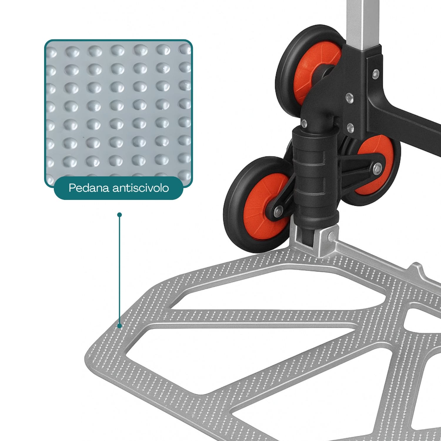 Carrello saliscale con pedana antiscivolo in metallo e ruote robuste
