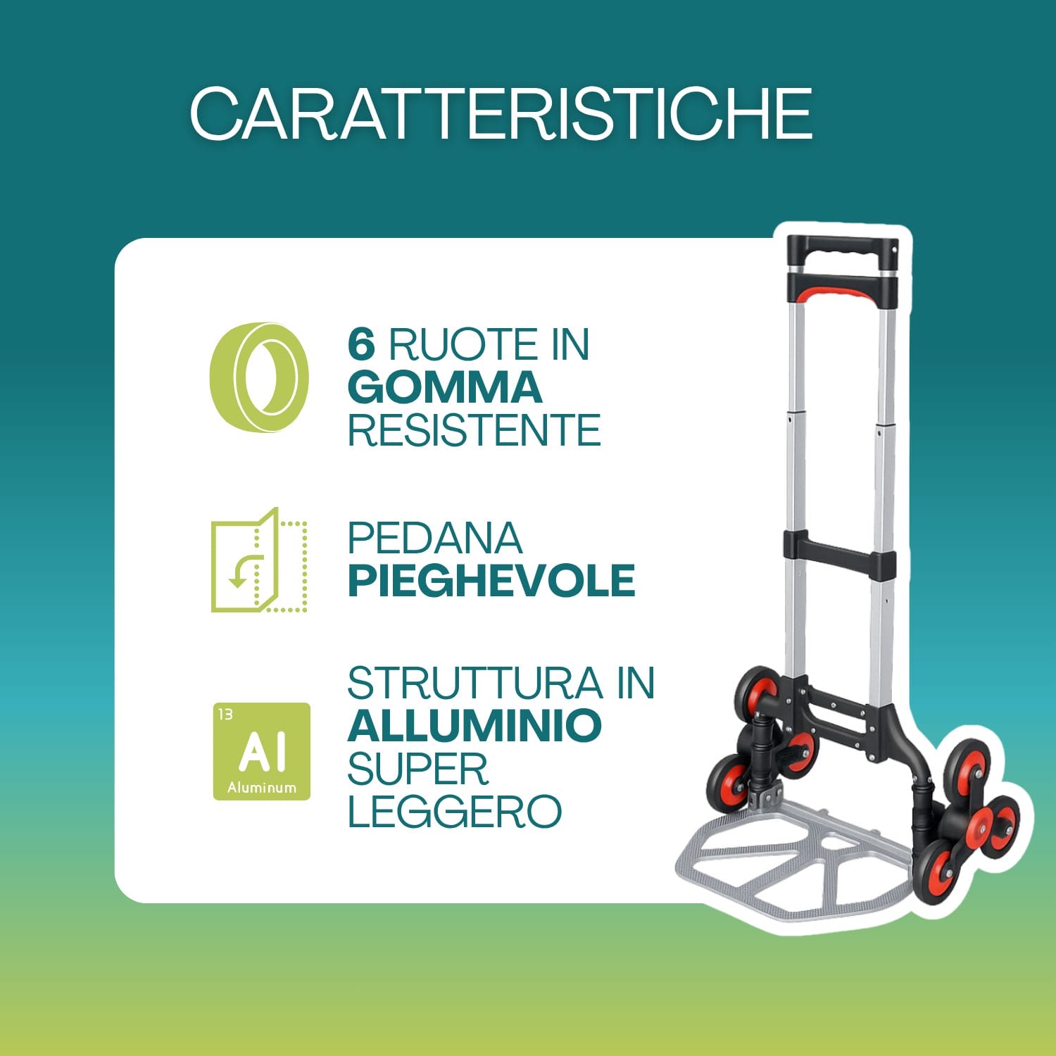 Carrello saliscale 6 ruote in alluminio con pedana pieghevole e struttura leggera