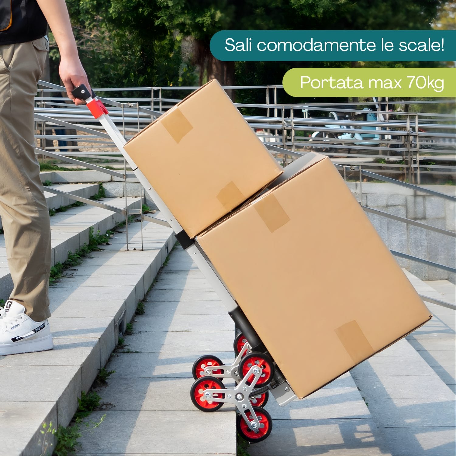 Carrello saliscale a 6 ruote per trasporto scatole su gradini portata 70 kg