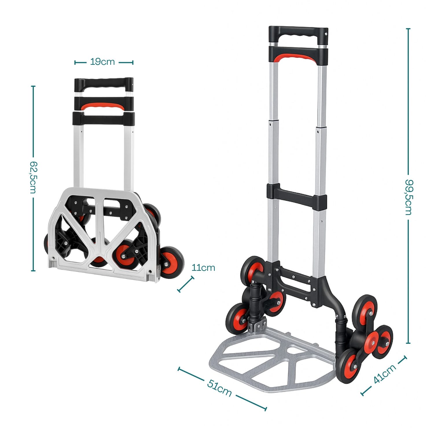 Carrello saliscale pieghevole con misure complete e ruote triple per scale