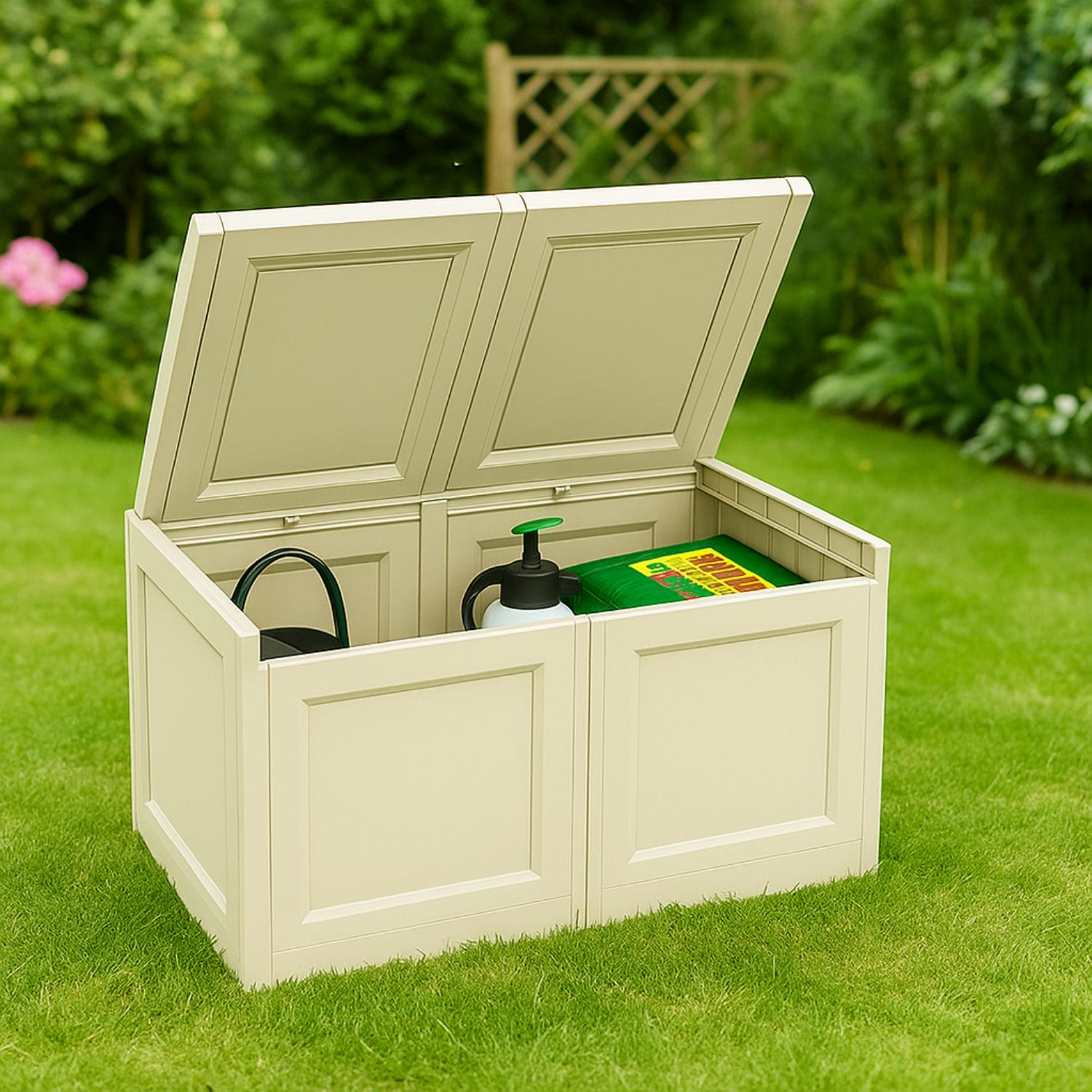 Cassapanca Paluplus angora in plastica effetto legno ambientata in giardino