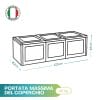 Disegno tecnico baule portaoggetti 3 moduli 125x40x42 cm con misure e icona Made in Italy