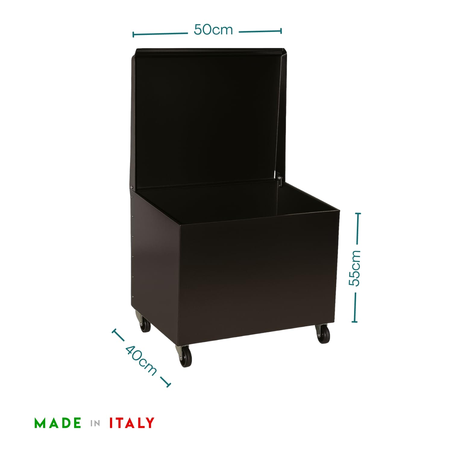 Baule portapellet in acciaio nero 50x40x55 cm con ruote girevoli, Made in Italy
