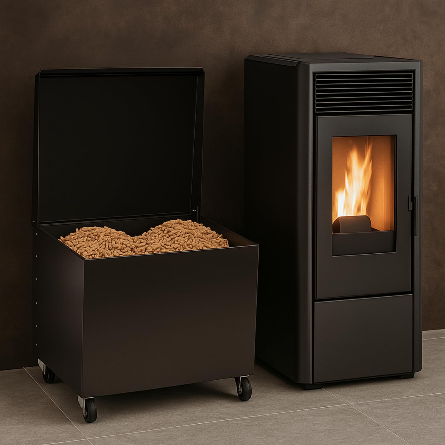 Baule portapellet in acciaio nero vicino a stufa a pellet acceso, arredo moderno