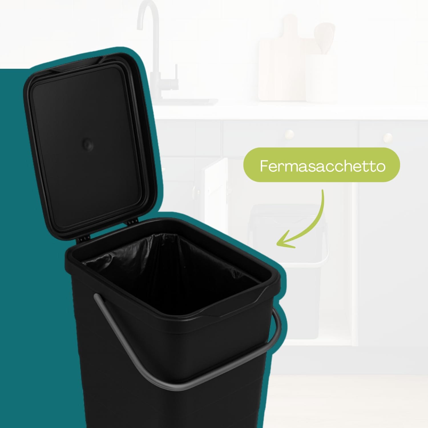 Pattumiera 14 litri con fermasacchetto interno e coperchio antiodori