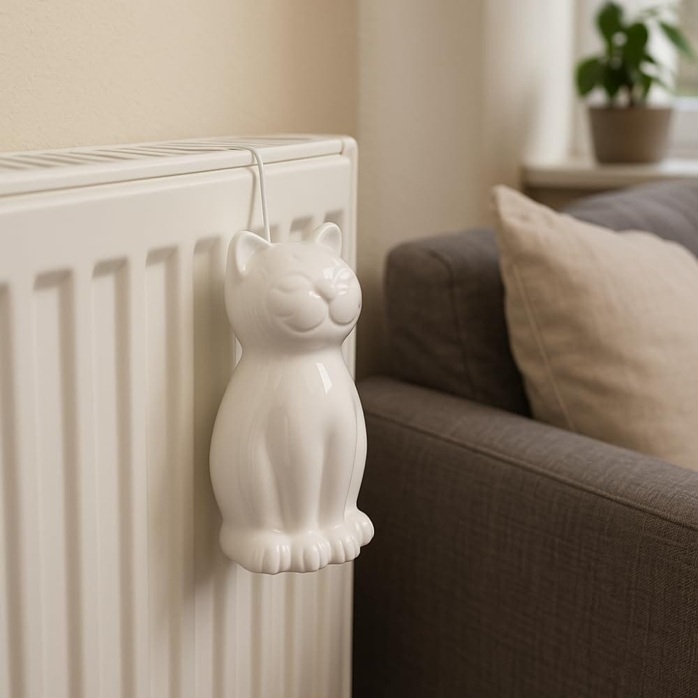 Evaporatore in ceramica a forma di gatto appeso al termosifone per umidificare l’ambiente