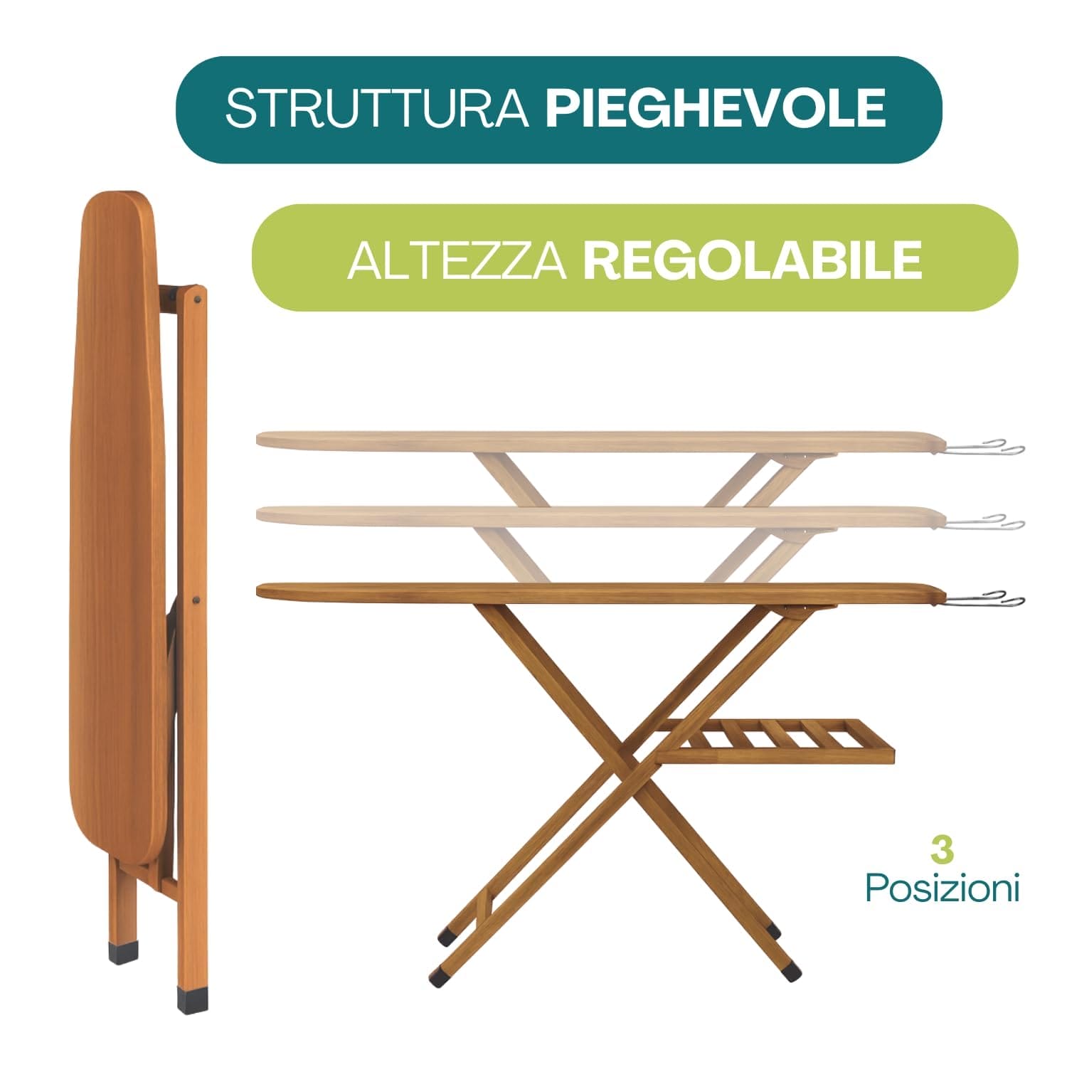 Asse da stiro in legno colore noce scuro con struttura pieghevole e altezza regolabile in 3 posizioni, piano lungo e stabile
