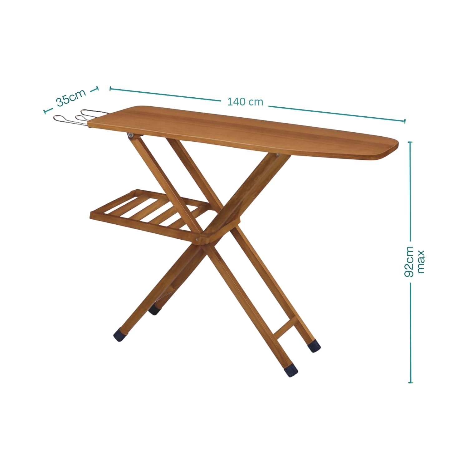Asse da stiro in legno noce scuro da 140×35 cm e altezza regolabile fino a 92 cm, tavola stabile pieghevole con ripiano