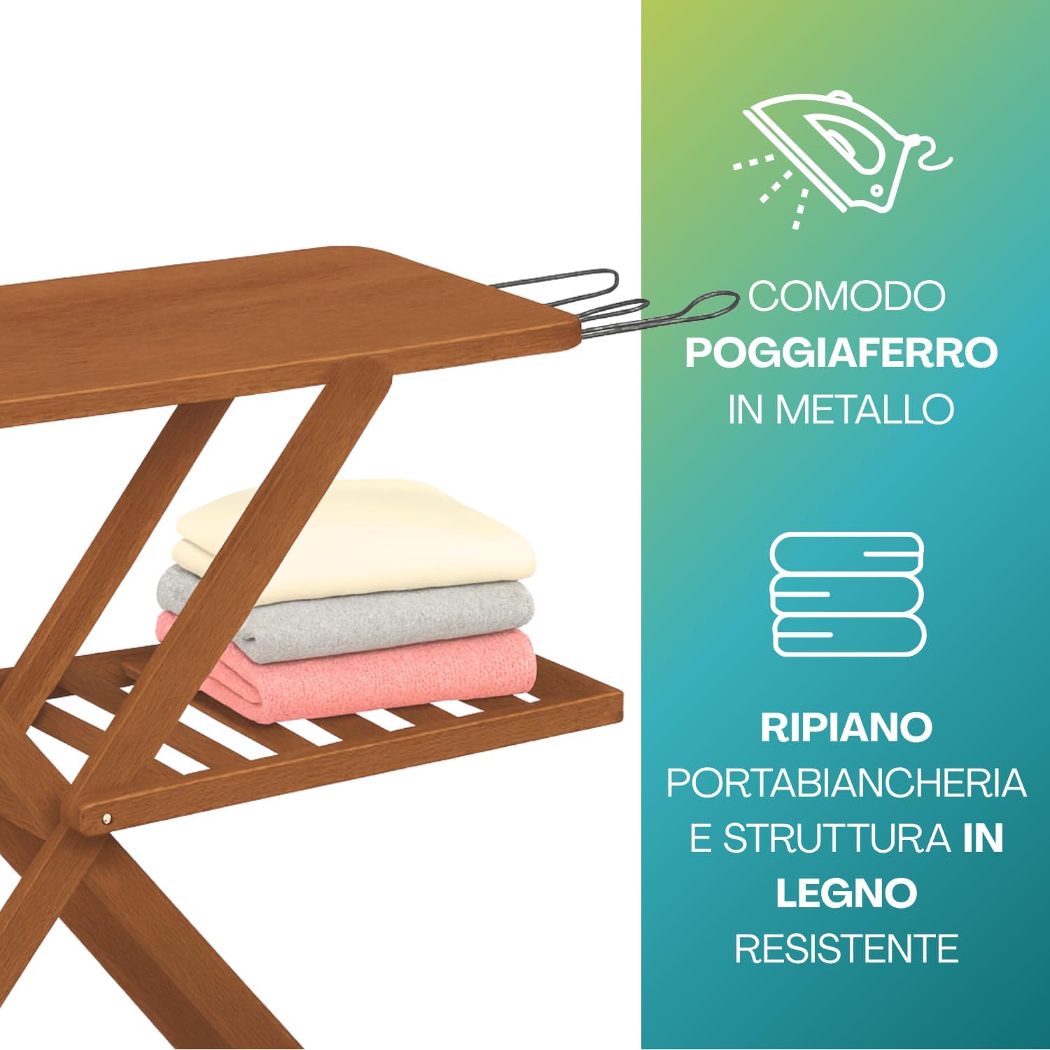 Dettaglio asse da stiro in legno color noce con poggiaferro in metallo e ripiano portabiancheria, struttura resistente