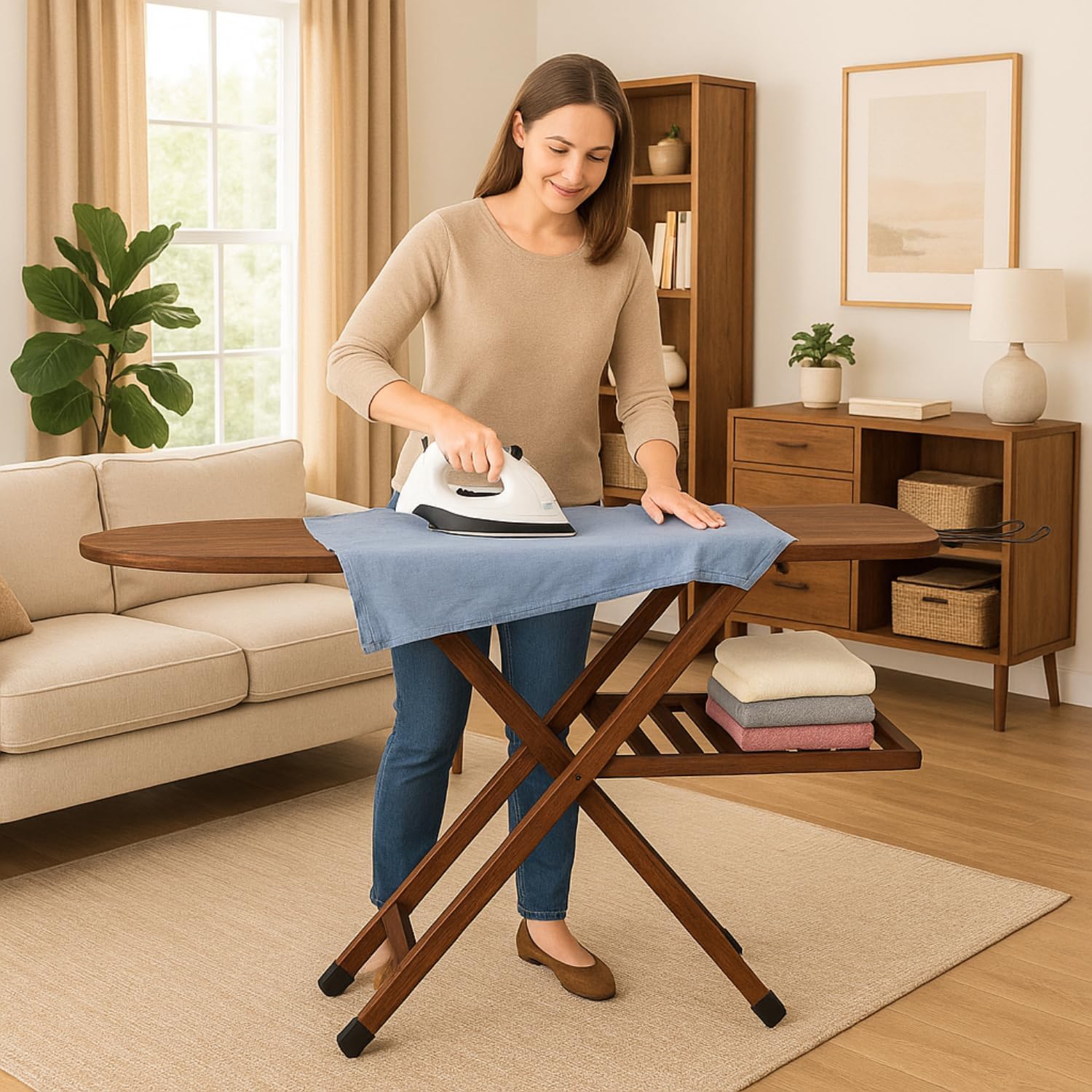 Asse da stiro in legno color noce usato in ambiente domestico, con ripiano portabiancheria e poggiaferro in metallo