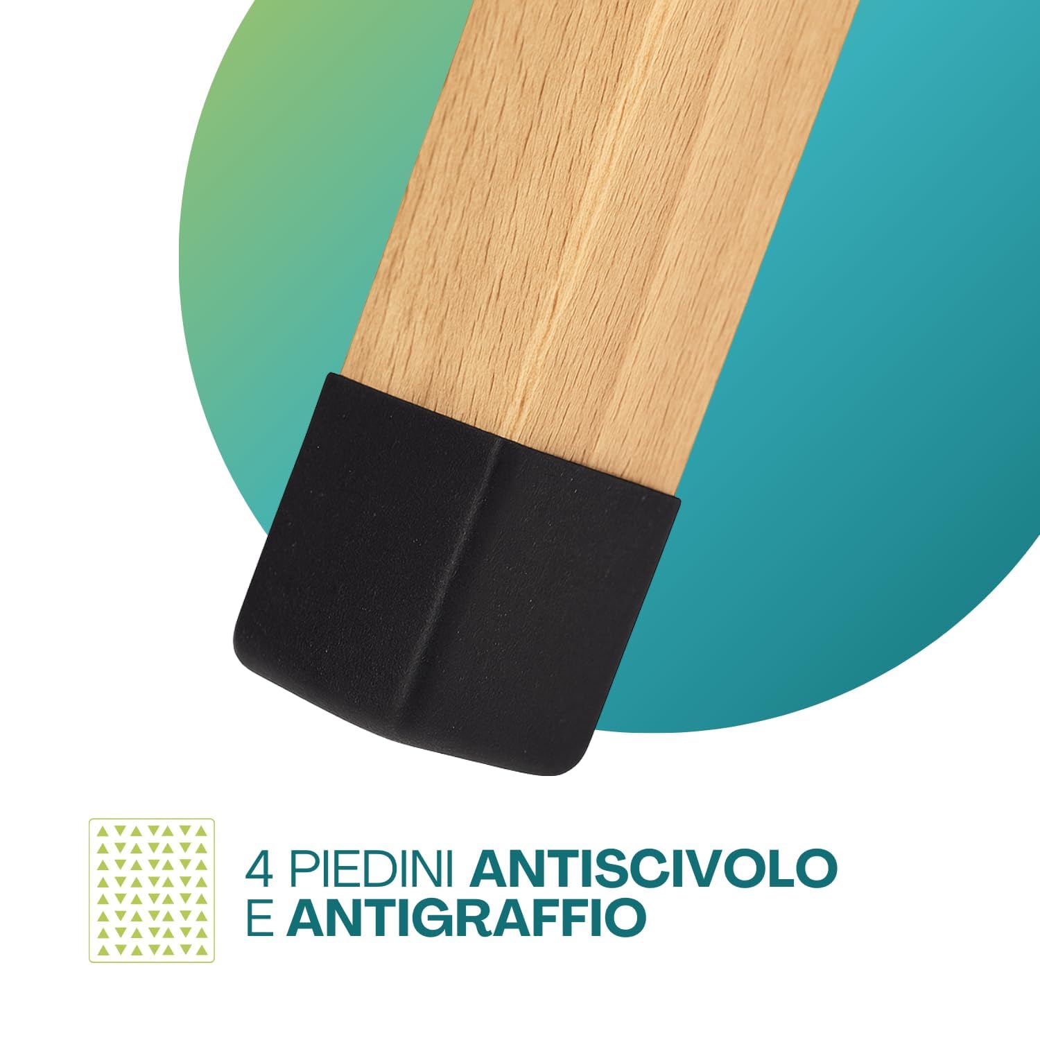 Dettaglio piedino antiscivolo e antigraffio dell’asse da stiro in legno, per maggiore stabilità e protezione del pavimento.