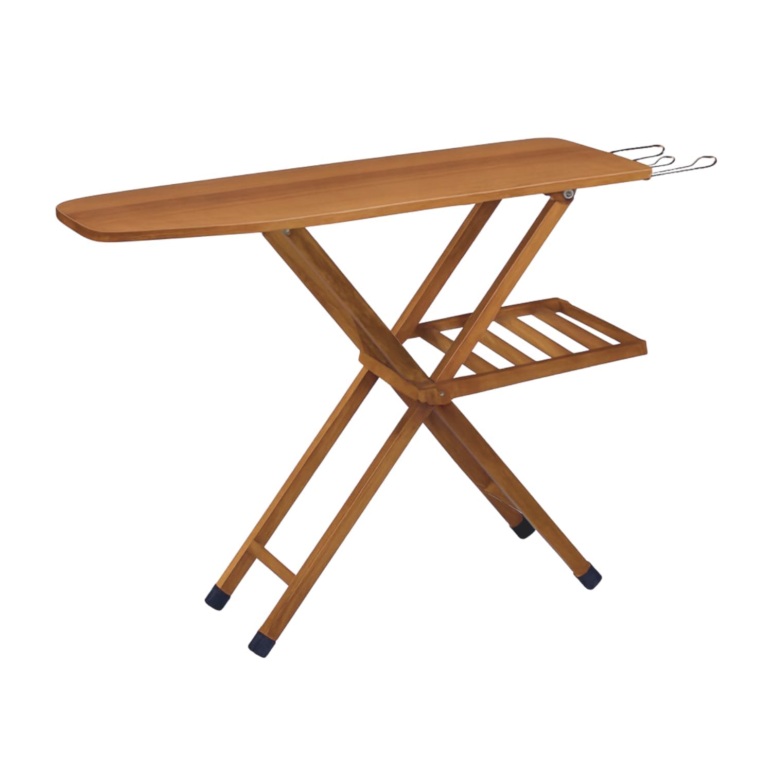 Asse da stiro pieghevole in legno color noce 140×35 cm con poggiaferro in metallo e ripiano portabiancheria, struttura robusta