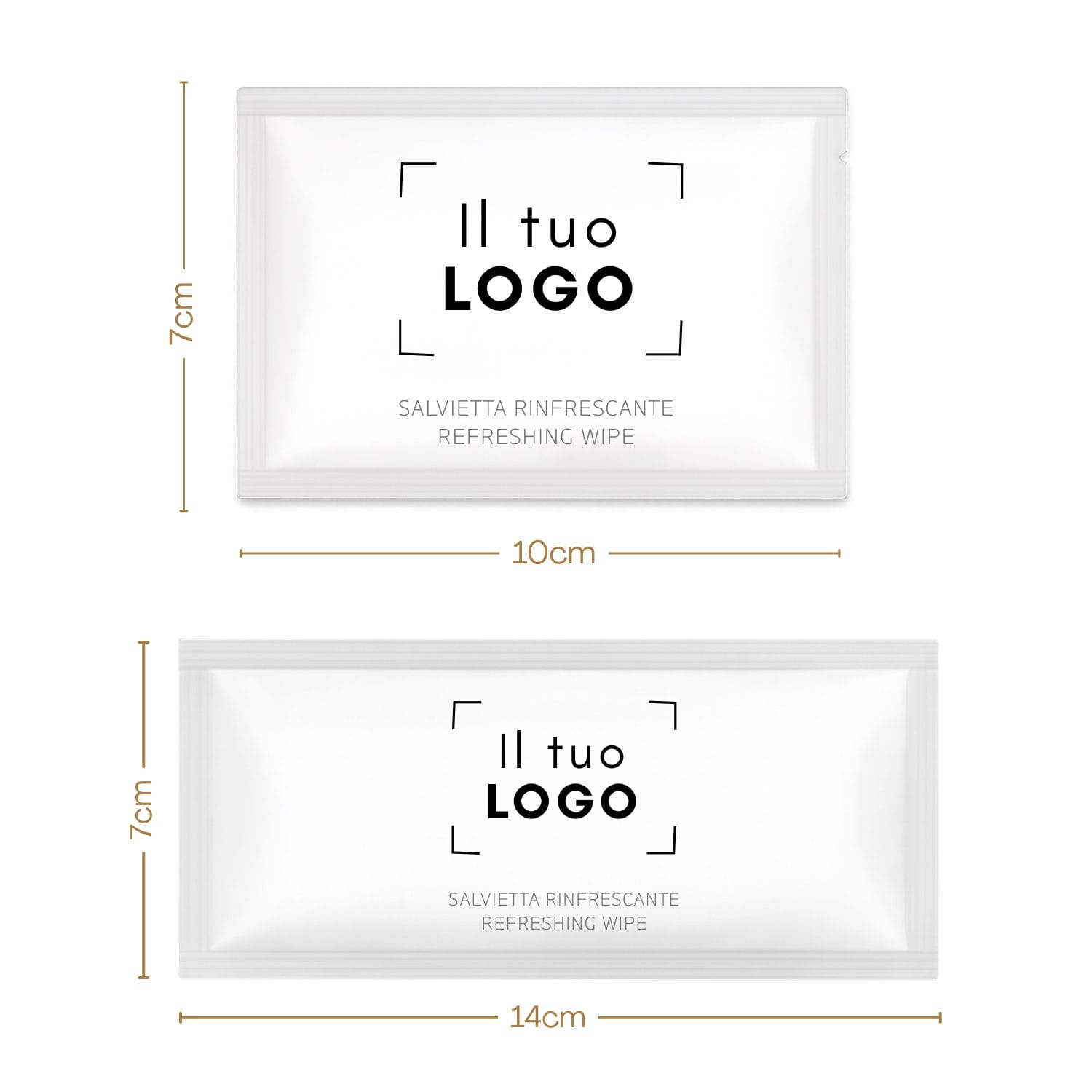 Salviette umidificate personalizzabili nei formati 7×10 e 7×14 cm con salviettina interna 19×19
