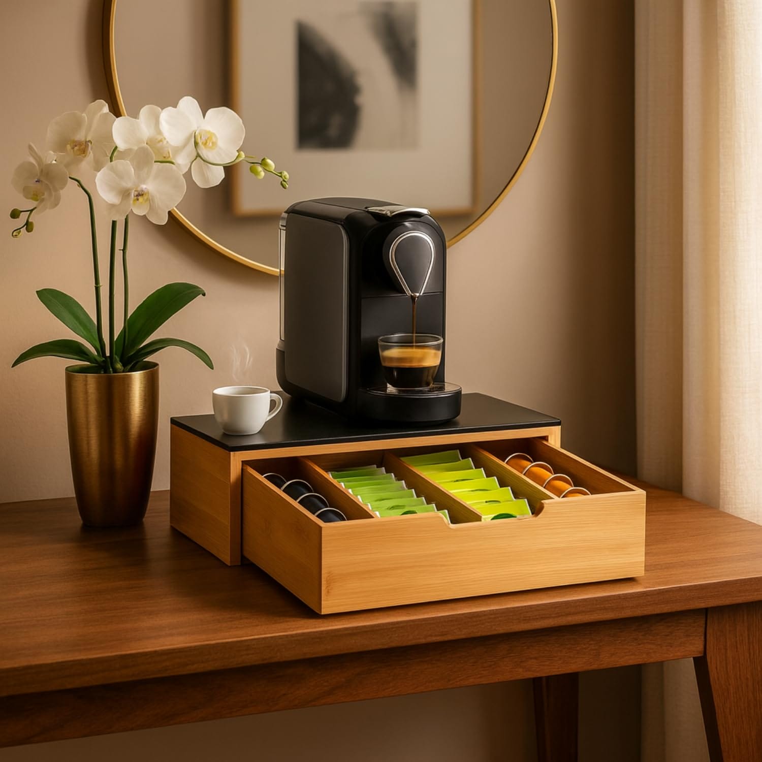 Portacapsule in bamboo con vetro nero per macchina da caffè, ambientato su tavolo elegante