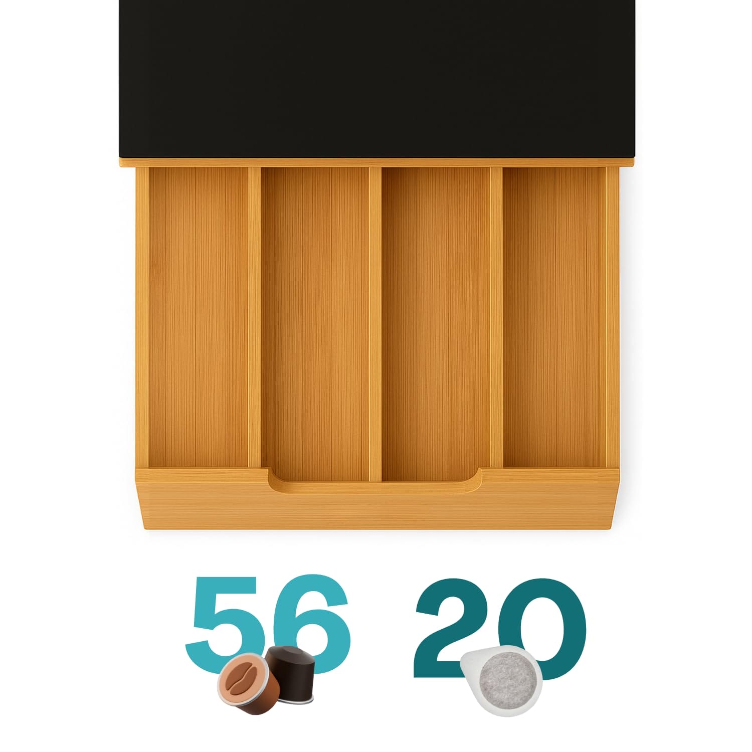 Cassetto portacapsule in bamboo con 4 scomparti per 56 capsule e 20 cialde