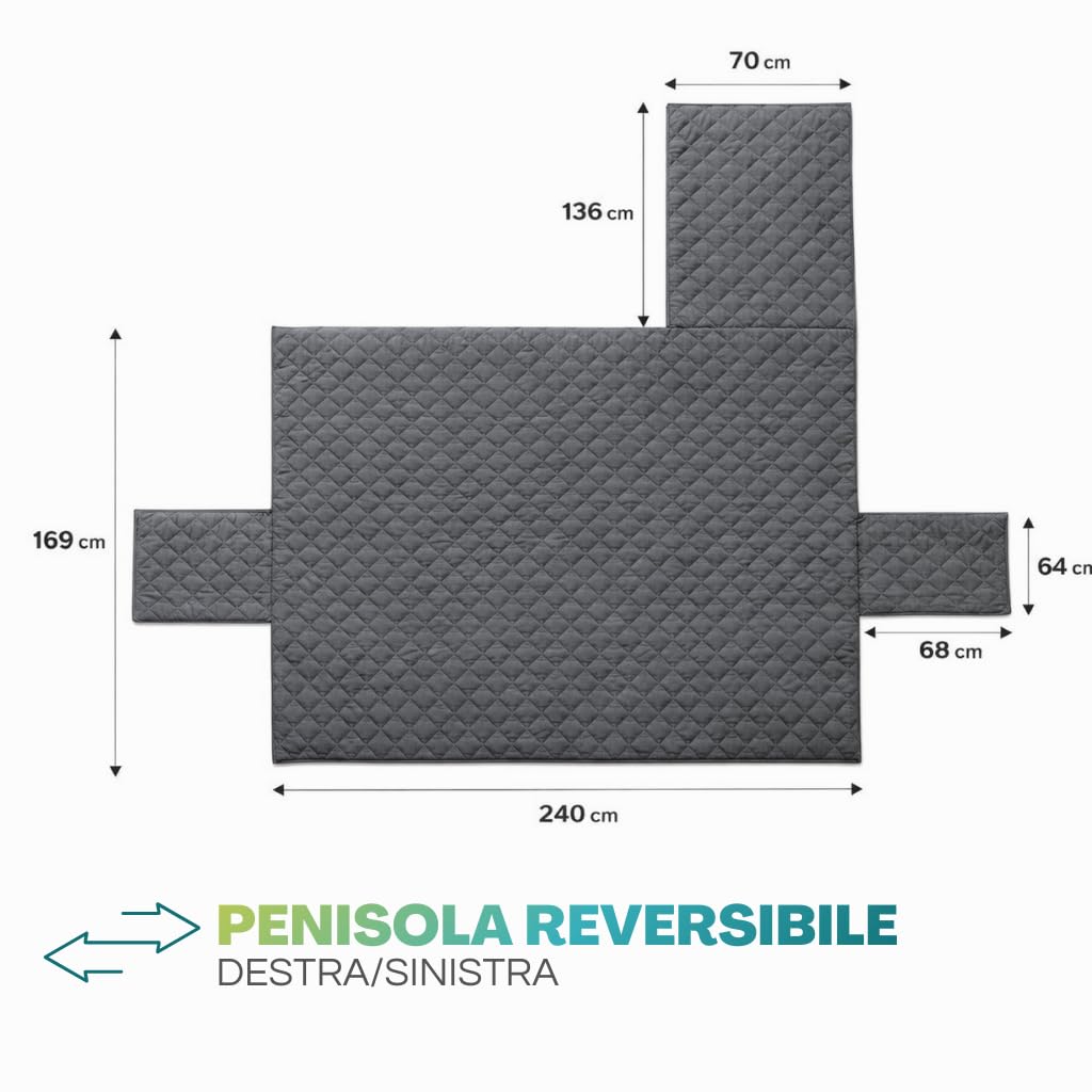 misure-copridivano-grigio Schema misure copridivano con penisola reversibile per divano 3 posti, larghezza 240 cm grigio