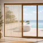 ambientata2-tenda-effetto-carta Tenda antimosche beige per porta finestra vista mare