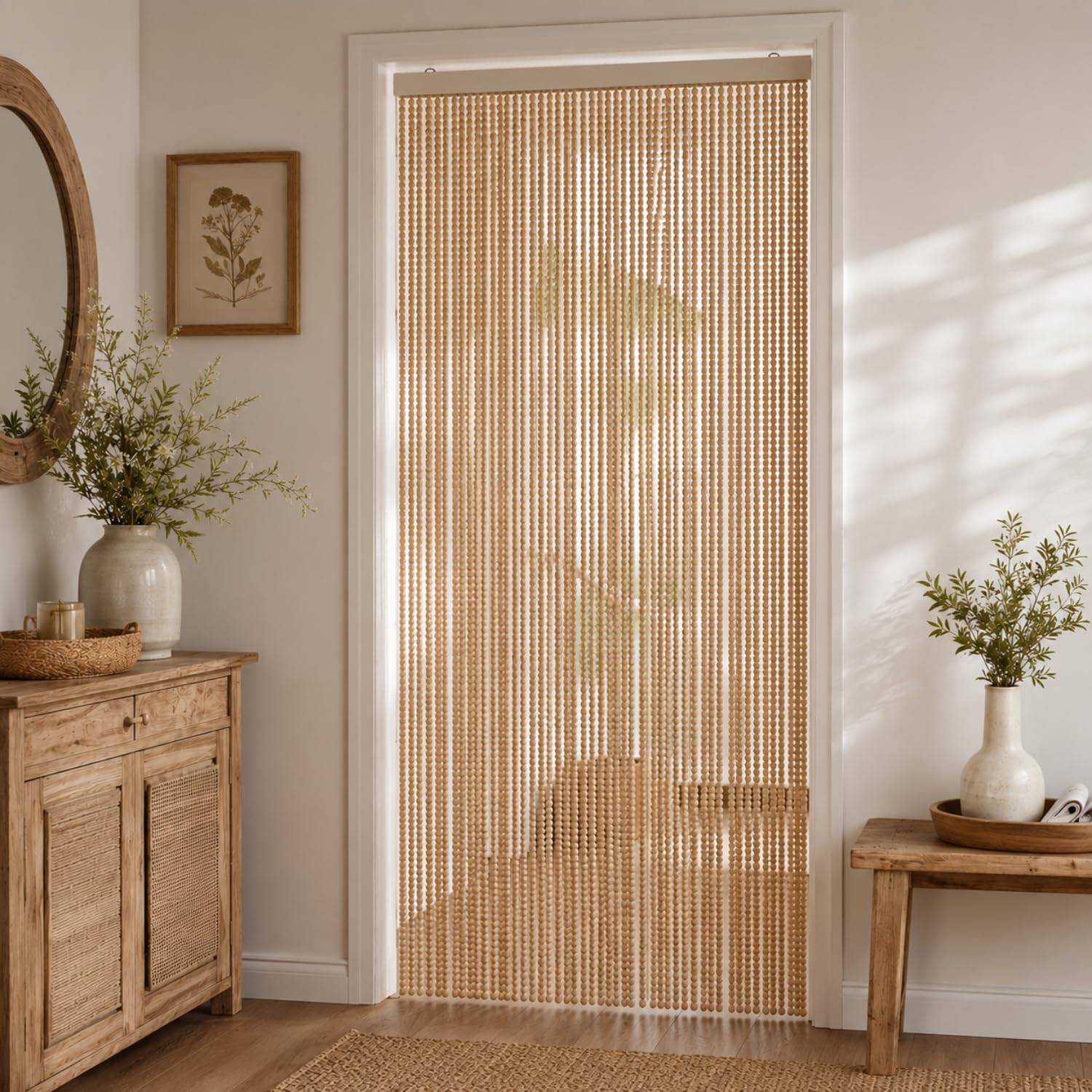 Tenda a catenelle beige installata su porta interna