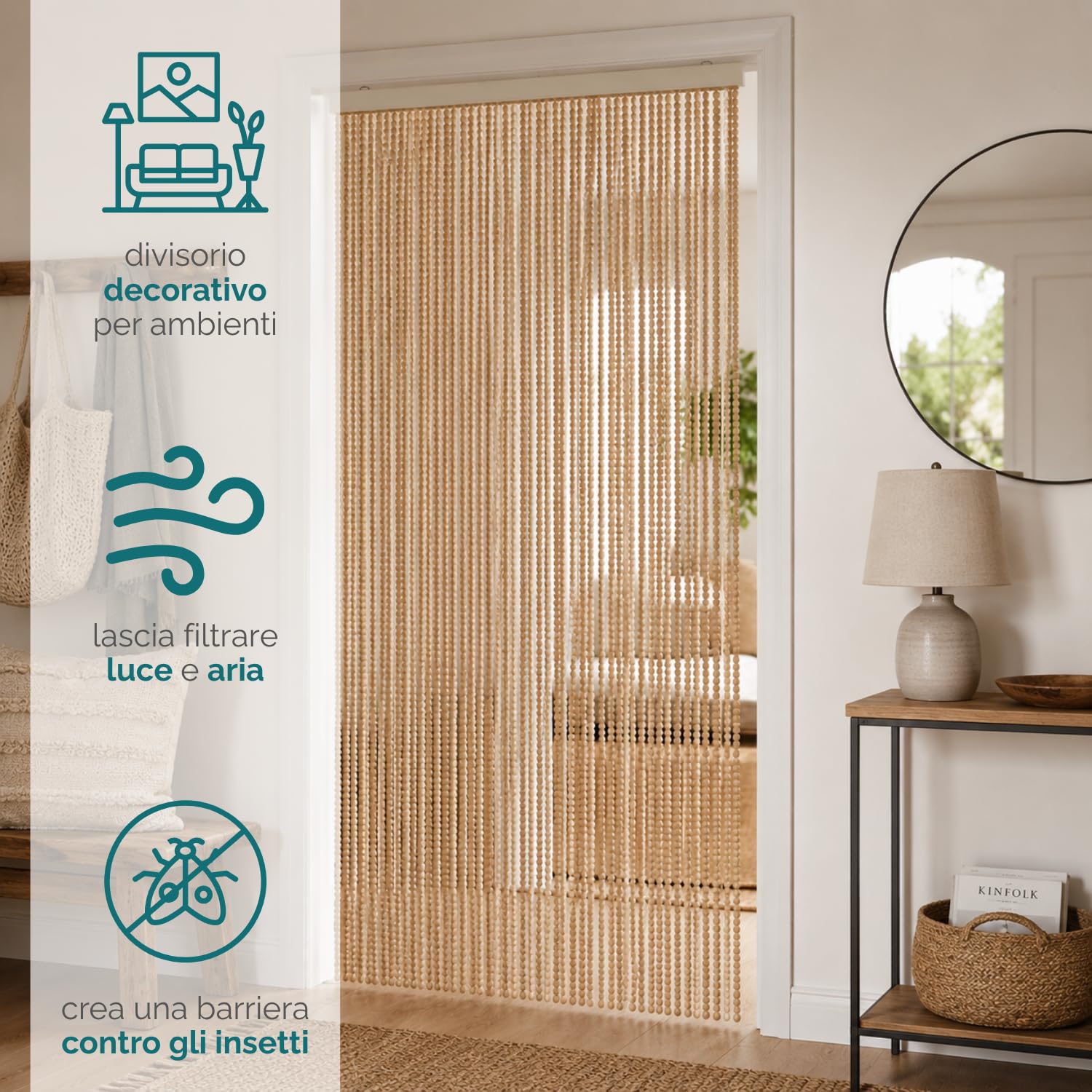 Tenda antimosche beige effetto pompon come divisorio decorativo per ambienti