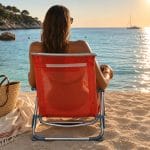 Spiaggina reclinabile arancione per mare e relax Donna seduta su una sedia pieghevole da spiaggia arancione con schienale traspirante davanti al mare