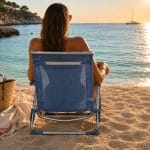 Sedia da spiaggia blu per relax al mare Donna seduta di spalle su una sedia pieghevole da spiaggia blu con schienale in tessuto traspirante