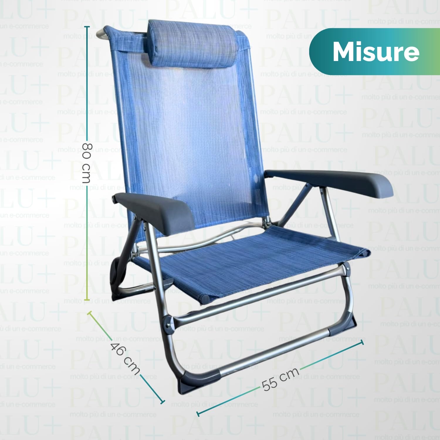 Sedia da spiaggia blu 55x46x80 cm Sedia pieghevole da spiaggia blu con misure indicate di 55 cm, 46 cm e 80 cm di altezza