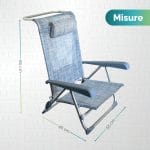 Sedia pieghevole da spiaggia azzurra con dimensioni di 55x46x80 cm, braccioli e cuscino poggiatesta