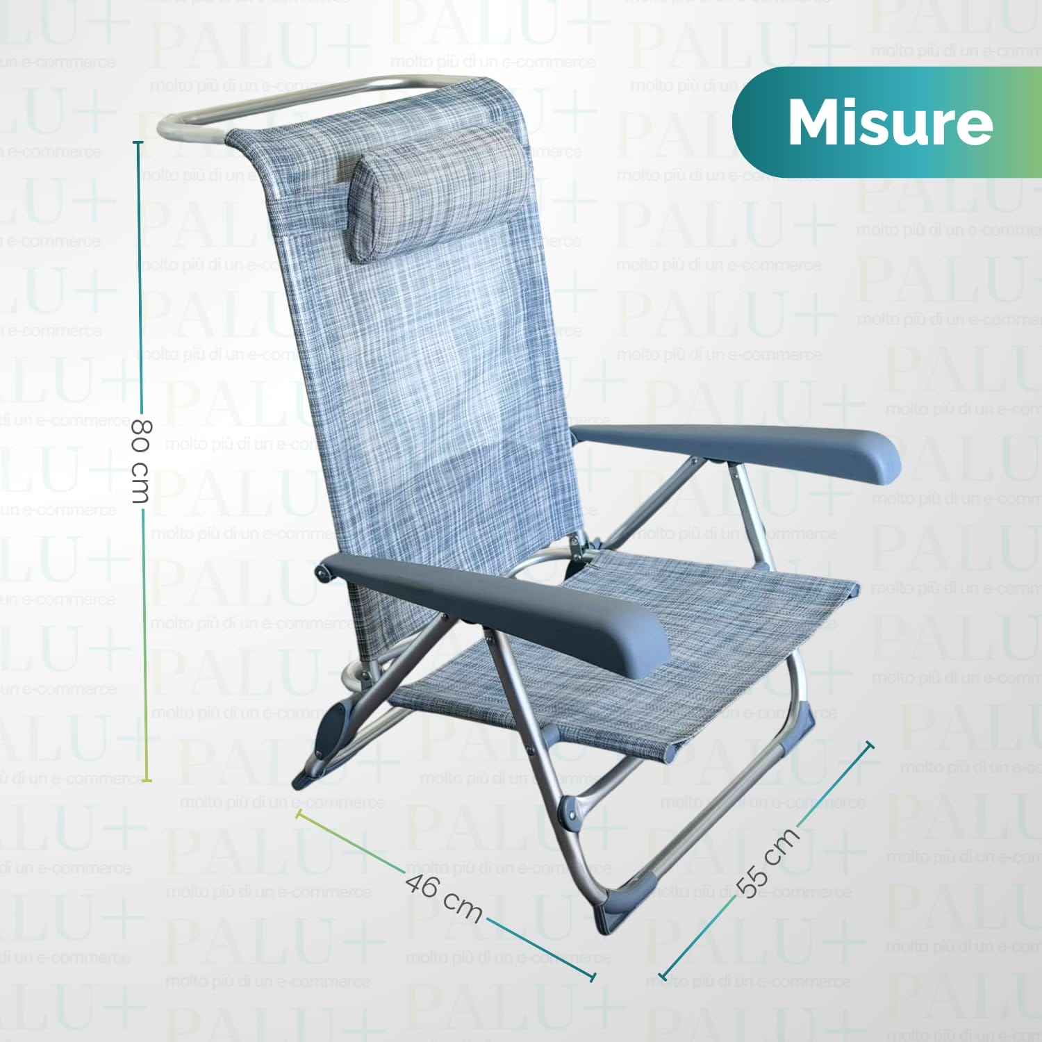 Sedia pieghevole da spiaggia azzurra con dimensioni di 55x46x80 cm, braccioli e cuscino poggiatesta